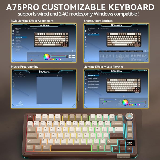 SOLAKAKA A75 PRO 75% Wireless Mechanical Keyboard with Screen and Knob, Tri-Mode Hot Swappable Gaming Keyboard, RGB Backlit Gasket Creamy Pre-lubed PBT Computer Keyboard for PC/Mac/Win,Brown