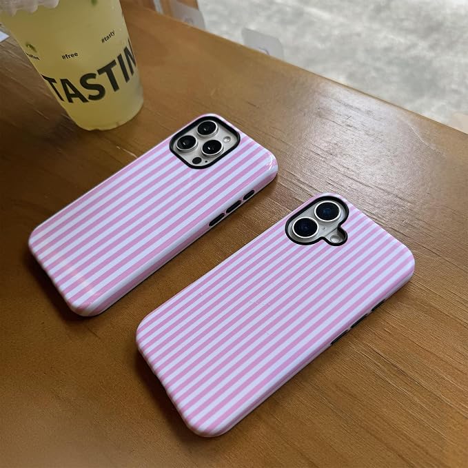 for iPhone 16 Case Striped Cute Aesthetics Phone Case Trendy Protective Shockproof Cover for iPhone 16 Pink White