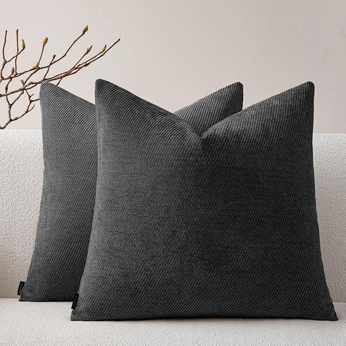 a moment Pack of 2 Decorative Chenille Throw Pillow Covers with Twill Cushion Covers for Sofa Living Room Couch Bed 24x24 Inch Black