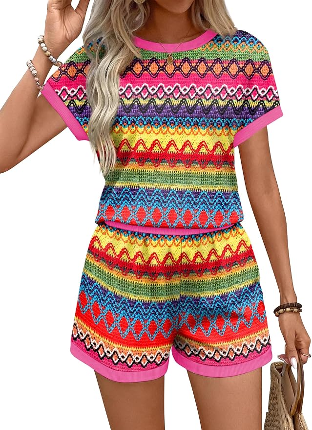 WIHOLL Two Piece Sets for Women Summer Lounge Short Sets Cap Sleeve Crew Neck Sweatsuit with Pocket XS-2XL