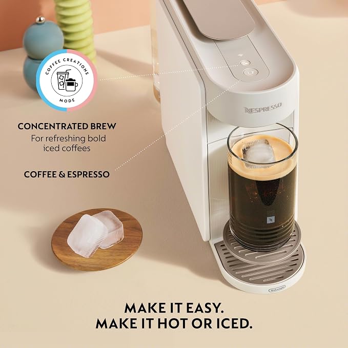 Nespresso Vertuo Up Coffee & Espresso Maker by De'Longhi, White | Pearl white coffee machine with 3 second start, 47 oz. multi-position water tank, iced coffee mode and app customization.
