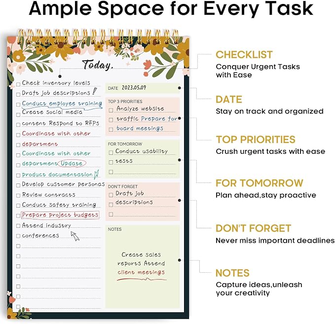 Taja To Do List Notepad, Undated Daily Planner for Work and Goal Setting | Rustic Floral, 52 Sheets, 9.8" x 6.5" , for Office, Home and school, Daily Task Planning, Notes and Everyday Organization