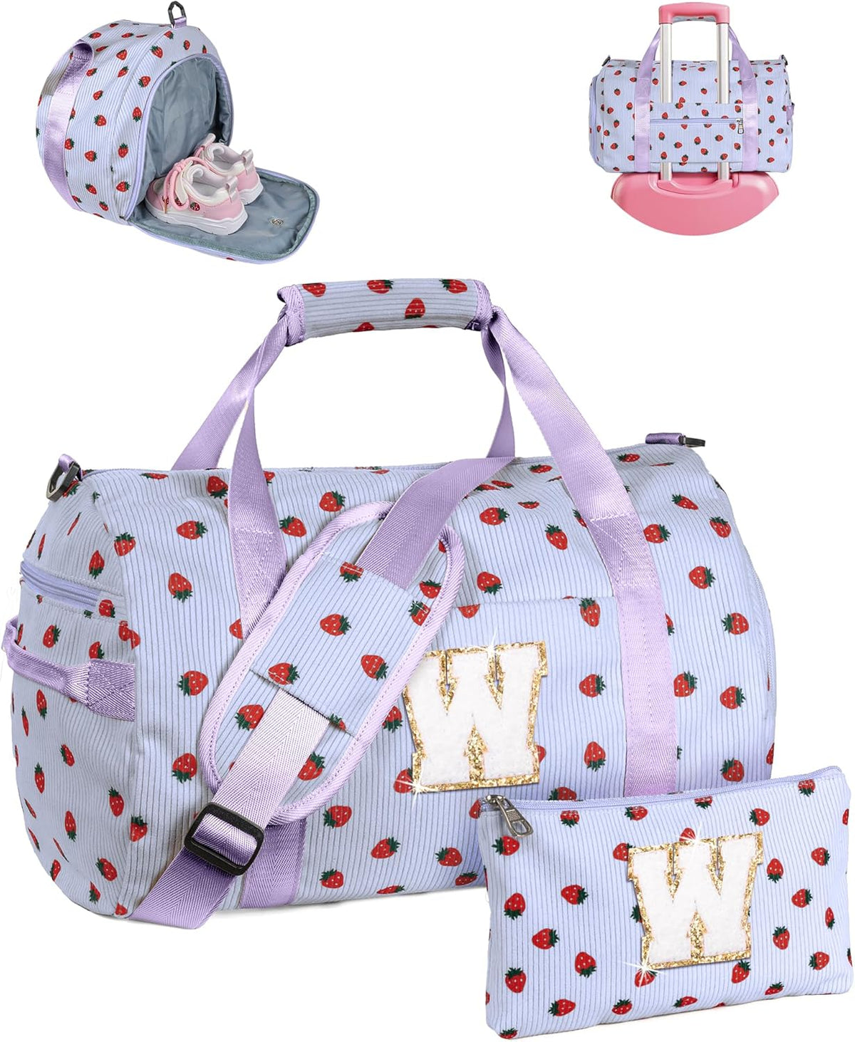 Skiennix Girls Gym Bag - Personalized Overnight Duffle with Shoe Compartment & Makeup Bag | Ideal Dance Recital Gift (Letter W)