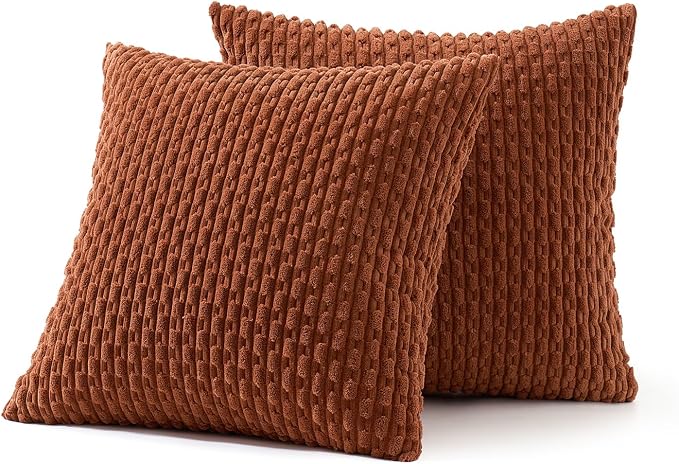 MIULEE Fall Decorative Throw Pillow Covers 16x16 Rust Textured Corduroy | Terracotta Pack of 2 Striped Pillow Covers Modern Farmhouse Autumn Home Decor for Couch Bed Sofa Living Room
