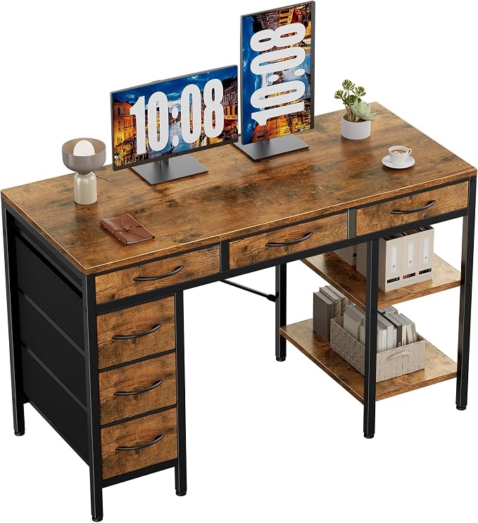 Sweetcrispy 47" Computer Desk with 6 Fabric Drawers & Storage Shelves | Reversible Gaming Desk, Office Desk, Computer Workstation, Corner Desk with Storag, Home Office, Living Room, Rustic Brown