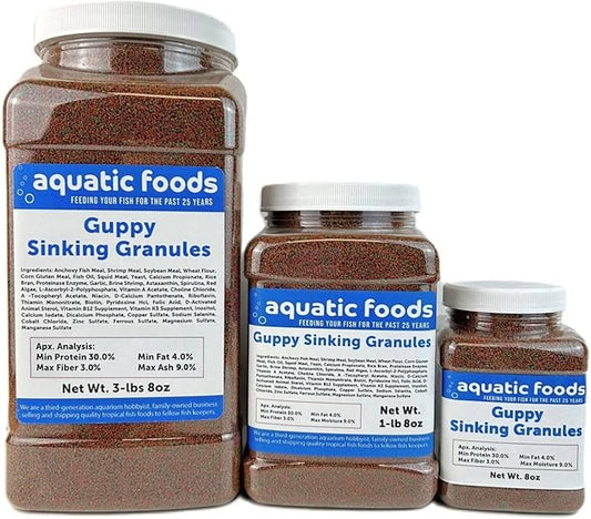 Aquatic Foods Inc. Guppy Micro Sinking Granules, Color Enhancing and Spirulina Mix for Guppies, Tetras, All Live Bearers, Baby Cichlids...WL 8oz Sm Jar