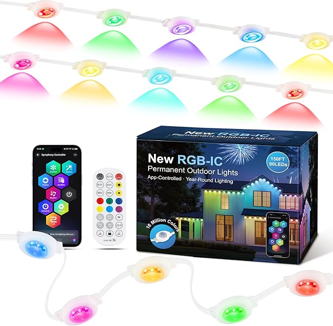 Permanent Outdoor Lights for House, 90 LED 150ft RGB+IC Eaves Lighting,Color Changing String Smart Lights Outdoor for Patio Decor,Year Around,Parties, Game Day, Easter, Christmas Decor
