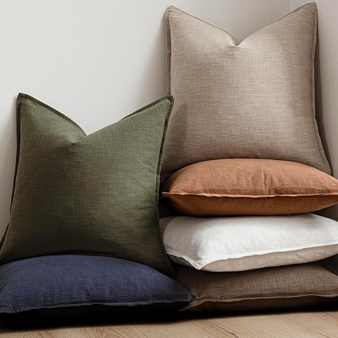 Foindtower Set of 2, Decorative Linen Solid Throw Pillow Covers Soft Accent Cushion Euro Case Boho Farmhouse Pillowcase for Chair Couch Sofa Bedroom Living Room Home Decor 24 x 24 Inch Natural Linen