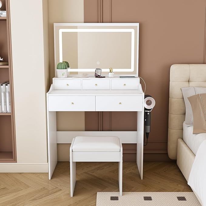 Vanity Desk with Large Mirror and Stool, Makeup Table with LED Lighted - 3 Color Models, Makeup Desk with 5 Drawers & Power Outlet, Dressing Makeup Table for Women Girls Bedroom, White