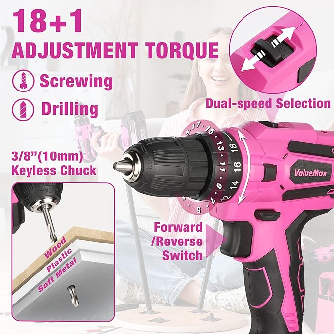ValueMax Home Tool Kit with Cordless Lithium-ion Drill, 237-Piece Pink Tool Set, Power Tool Set with Wide Mouth Open Storage Bag, Basic Drill Sets Combo Kit for DIY and Daily Repair