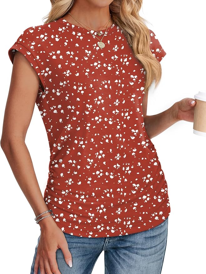 Sampeel Womens Summer Tops Trendy 2026 Ruched Cap Short Sleeve Tshirts Shirts Crew Neck T Shirts Fashion