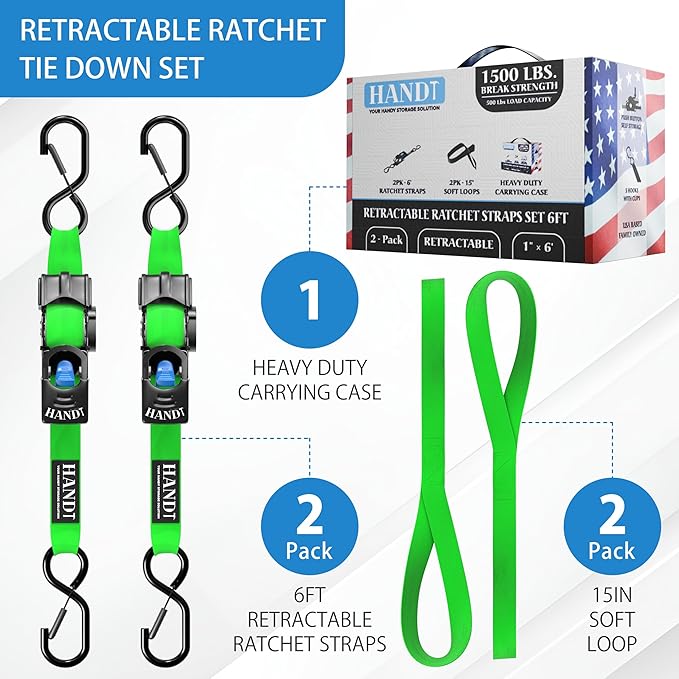 HandT USA Based Retractable Ratchet Straps (2PK) 1in x 6ft - 1,500lb Break Strength, Heavy Duty Automatic Ratchet Straps Self Retractable Tie Down, Push Button Retracting Truck Trailer Cargo | Green