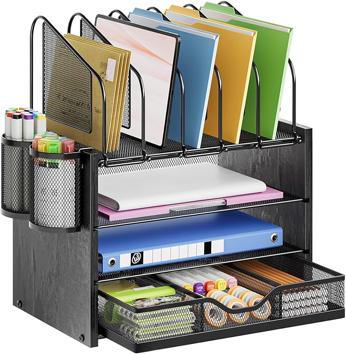 Marbrasse Desk organizer with Drawer, 4-Tier Wooden File Organizer with 5 Vertical File Holders and 2 Pen Holders, Desk Organizers and Accessories for Home Office - Black