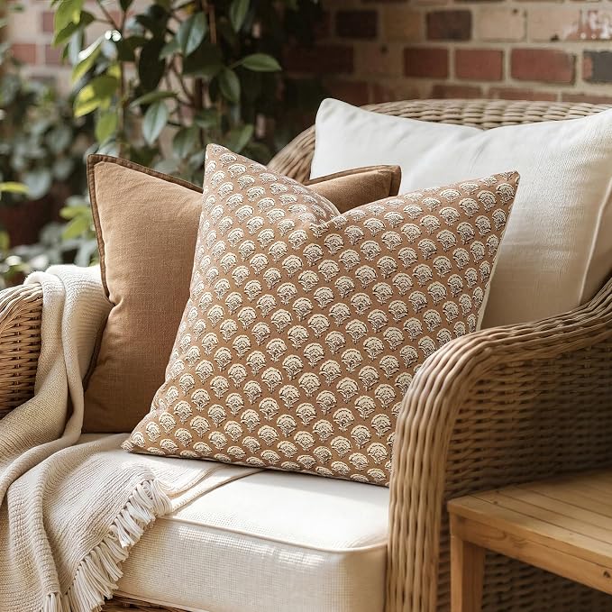 MIULEE Floral Print Decorative Pillow Covers 18x18, Cognac | Vintage Boho Farmhouse Modern Home Decor, Set of 2, Block Print Cushion Covers for Couch Sofa Bed Living Room