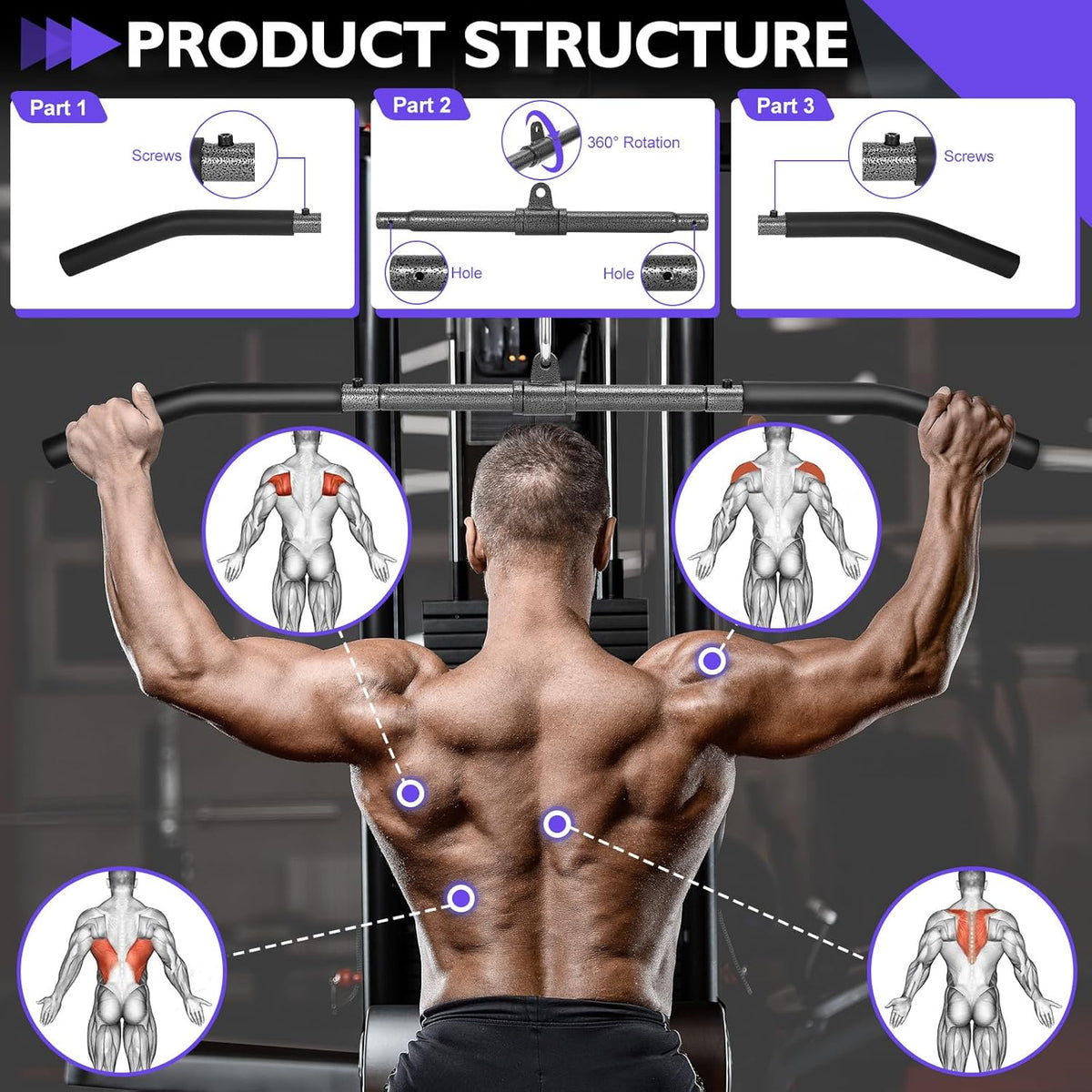 Skiennix Cable Machine Attachments Set - LAT Pulldown Bar & Tricep Rope | Durable Home Gym Accessories