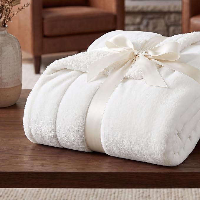 Bedsure GentleSoft Sherpa Fleece Blanket Queen Size for Bed, Non-Heated, Thick and Warm Throw for Women and Men, Soft Fuzzy Plush Queen Blanket for Winter, Bright White, 90x90 Inches