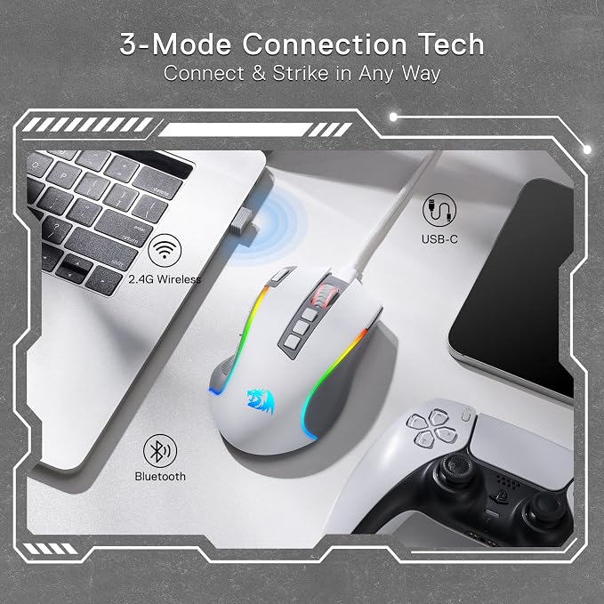 Redragon M612 Wireless RGB Optical Gaming Mouse 8000 DPI Remapping Keys | Cable-Free 0 Delay, Redefine Keybinding Macro, Vibing Backlight, Ergonomic Grip Body Comfort