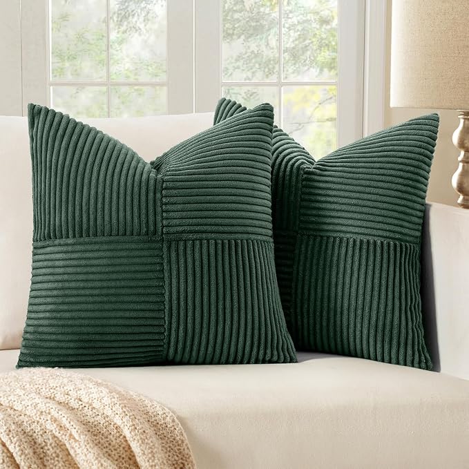 MIULEE Army Green Decorative Euro Sham Pillow Covers 24x24 Inch 2 Pack | Boho Farmhouse Pillow Covers, Soft Cross Corduroy Patchwork Textured Cushion Cases For Couch Bed Sofa