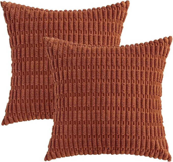 MIULEE Fall Pack of 2 Dark Rust Corduroy Decorative Pillow Covers 18x18 Inch Soft Boho Striped Throw Pillow Covers Modern Farmhouse Home Decor for Sofa Living Room Couch Bed