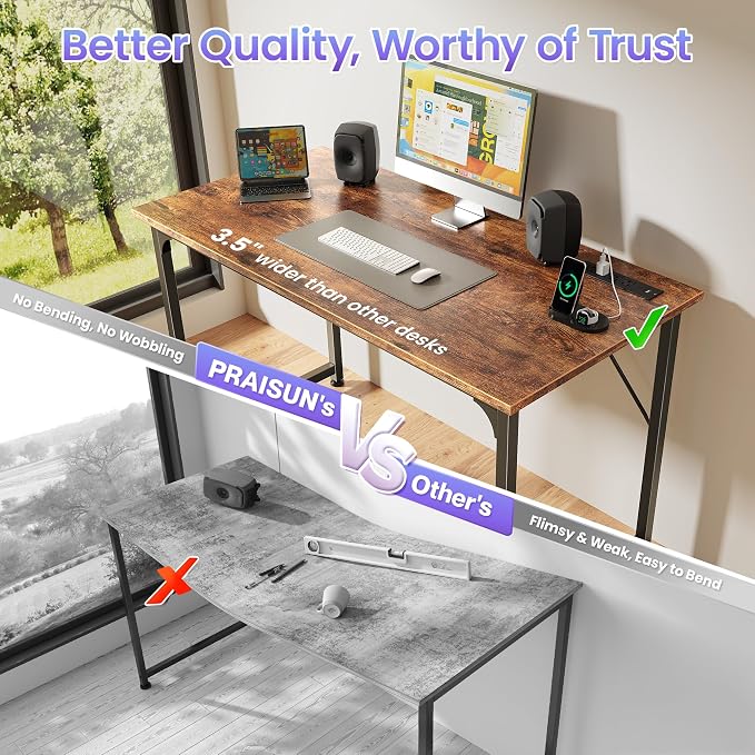 PRAISUN 40 X 20 Inch Computer Desk, Power Outlets, USB-C, Rustic Brown | Office Desk with 4 AC Outlets, USB & USB-C, Sturdy Metal Frame, Spacious Desktop for Work, Writing, Study & Gaming