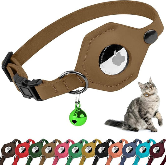 Breakaway Airtag Cat Collar with Removable Bell - Leather Pet Collar with Apple Air Tag Holder - Adjustable GPS Collars for Girl Boy Cats Kitten Puppy - Lightweight, Cute and Comfortable (Brown)