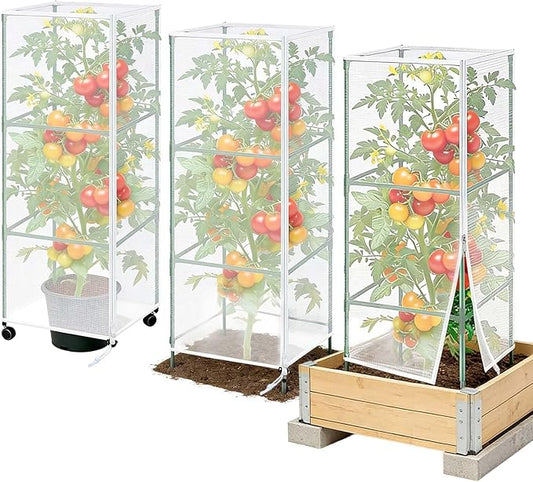 3Pack Garden Netting Cover for Square Tomato Cage, 60"x18.5"Bird Netting Barrier with Zipper Drawstring Tomato Trellis Net Mesh Climbing Plant Cover for Protecting Vegetable Fruits from Animals Insect