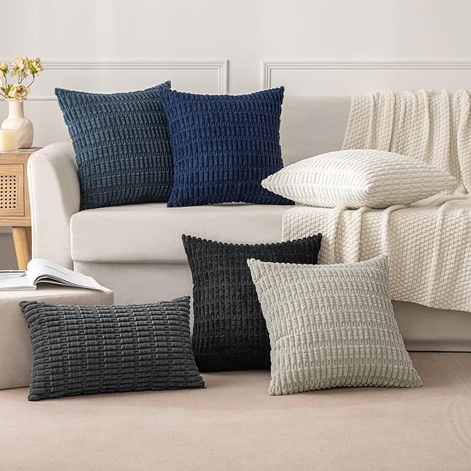 MIULEE Pack of 2 Corduroy Decorative Lumbar Throw Pillow Covers 20x12 Inch Soft Boho Striped Pillow Covers Modern Farmhouse Home Decor for Halloween Sofa Living Room Couch Bed Black