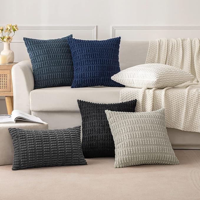 MIULEE Pack of 2 Corduroy Decorative Throw Pillow Covers 18x18 Inch Soft Boho Striped Pillow Covers Modern Farmhouse Home Decor for Sofa Living Room Couch Bed Pure White