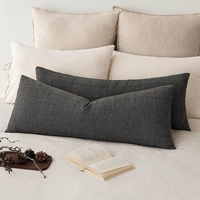 Foindtower Set of 2 Decorative Linen Check Throw Pillow Covers Neutral Long Body Lumbar Cushion Covers Farmhouse Vintage Home Decor for Sofa Chair Couch Bedroom Living Room,14×36 Inch,Charcoal