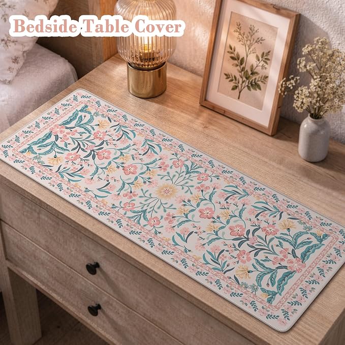 iCasso Aesthetic Desk Mat,31.5x11.8in Mouse Pads, Pink Floral | Anti-Slip Mousepad with Stitched Edges, Waterproof Computer Pad , Desk Accessories Office Decor for Women