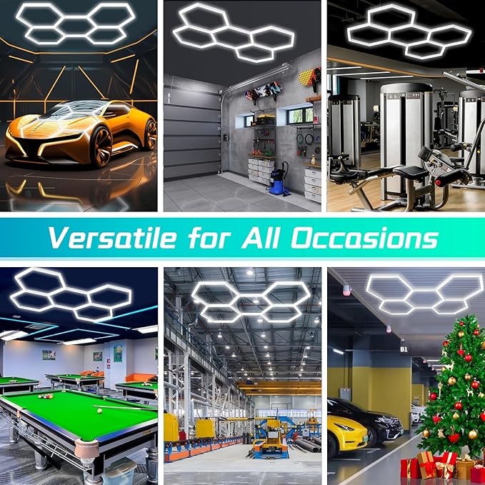 Hexagon Garage Lights,192W 21000LM,5 Grids Hexagon Led Light,7000K Honeycomb Lights for Garage,malls,Basement,Gym
