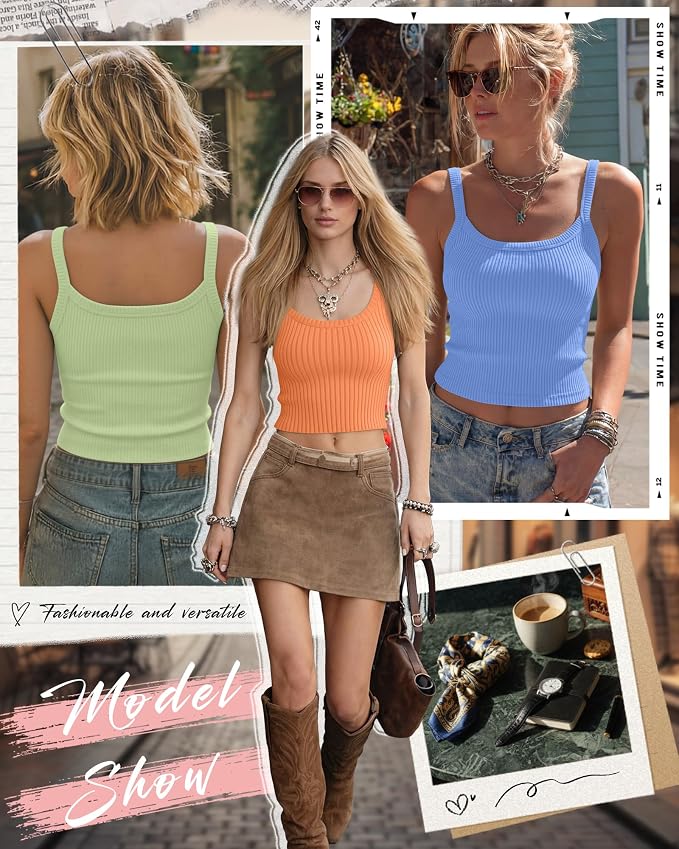 Ficerd 3 Pack Women's Tank Tops 95% Cotton Spaghetti Strap Ribbed Crop Camisole Slim Fitted Basic Summer Sleeveless Layer