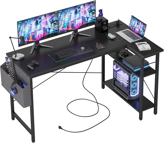 TIQLAB L Shaped Computer Desk with Power Outlets, 55 Inch Small Corner Desk with Reversible Shelves, Gaming Desk Computer Table Study Writing Table for Home Office Bedroom Small Space, Black