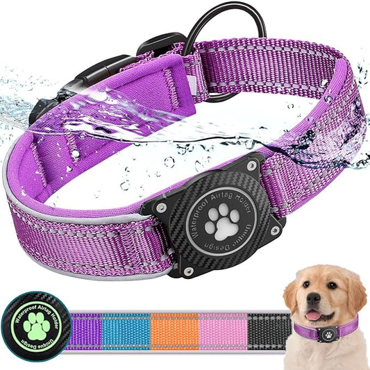 Airtag Dog Collar with Waterproof Air Tag Holder, Luminous Reflective, Soft Padded, Adjustable Nylon Pet Collar for Small Medium Large Heavy Duty Dogs,Purple, L