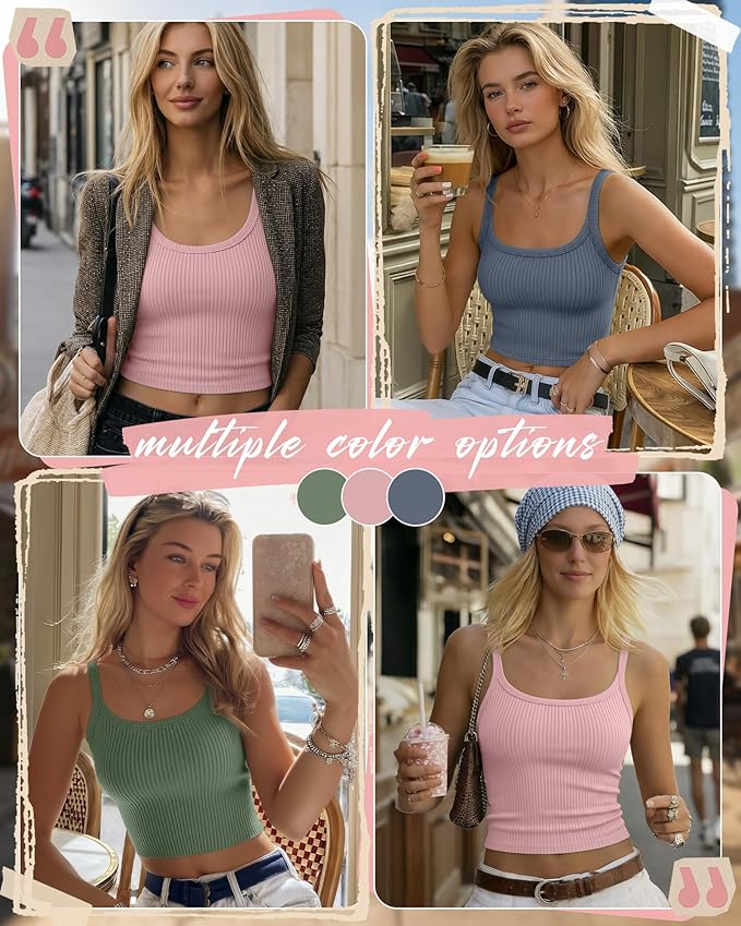 Ficerd 3 Pack Women's Tank Tops 95% Cotton Spaghetti Strap Ribbed Crop Camisole Slim Fitted Basic Summer Sleeveless Layer