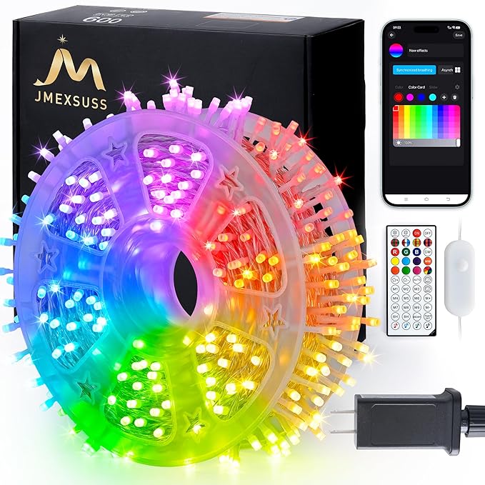 JMEXSUSS 600 LED RGB String Light Outdoor Indoor, Christmas Lights Outdoor Clear Wire Christmas Lights Plug in for Bedroom Tree Room Party Birthday Decorations