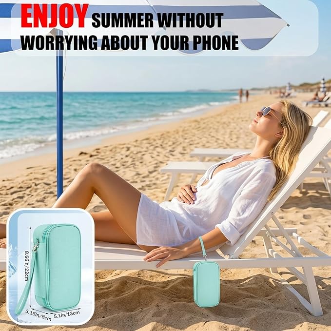Phone Cooler Bag for Beach, Portable Phone Cooling Pouch with 2 Reusable Ice Packs, Keeps Cool in Extreme Heat for Car Pool Hiking, Extends Battery Life, Fits All Smartphones(Green,Fabric)