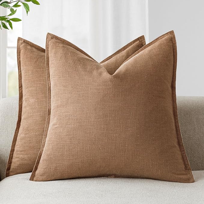 Foindtower Pack of 2, Decorative Linen Soild Throw Pillow Covers Soft Accent Cushion Case Boho Farmhouse Pillowcase for Chair Couch Sofa Bedroom Living Room Home Decor 20 x 20 Inch Light Khaki Brown