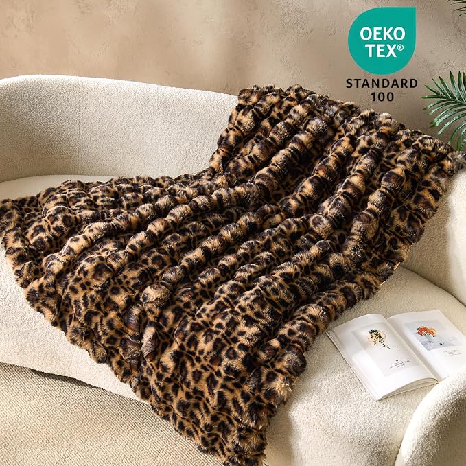 DOWNCOOL Faux Rabbit Fur Throw Blanket, Soft Fluffy Fuzzy Plush Bubble Blanket for Couch Sofa & Bed, Cozy Warm Luxury Fleece Minky Blanket, 60x80 Inches Leopard Print
