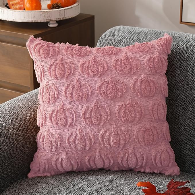 DFXSZ Fall Pillow Covers 16x16 2Pcs Pink Pumpkin Fall Decorations for Home | Fall decor Set of 2 Throw Pillow Cases Soft Plush Faux Fur Wool Couch Cushion for Chair Sofa Bedroom Living Room Home Decor