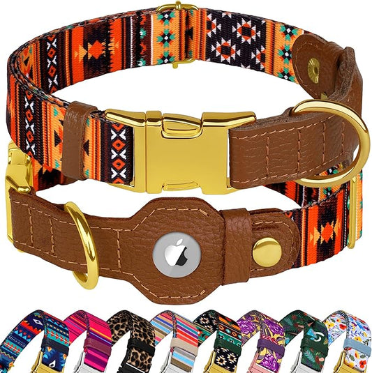 AirTag Dog Collar for Small Medium Large Breed - Adjustable Cute Pattern Dog Collar with Airtag Holder - Soft Leather Tracker GPS Apple Air Tag Pet Collars (X-Small, 9"-12" Neck Fit, Western)