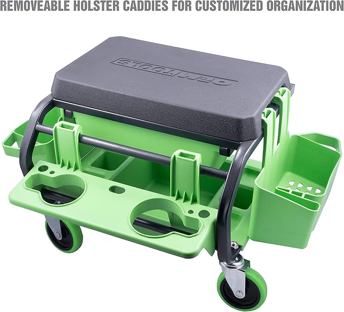 OEMTOOLS Sidekick Rolling Mechanic Stool – 5 Tool Trays, Cushioned Seat, 330 lb Capacity (Green)