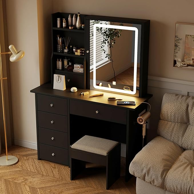 DYHOME Makeup Vanity Desk with LED Lights Mirror 3 Adjustable Modes and Power Outlets, Vanity Table with 6 Drawers Dresser and Bench, Makeup Desk for Bedroom Dressing Room, Black