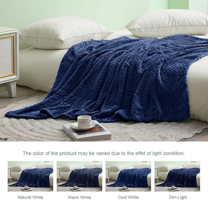 Exclusivo Mezcla Soft Fleece Bed Blanket Twin Size, 60”x80”, Navy Blue | Cozy Fluffy Lightweight Blankets for Summer, Decorative Plush Flannel Throws for Living room, Bedroom with Leaves Pattern