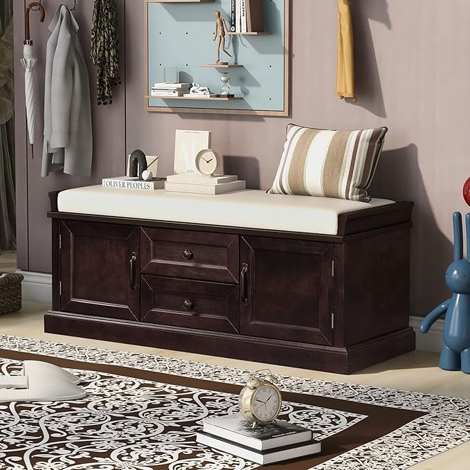 Entryway Storage Bench with Drawers & Cabinets — Cushioned Shoe Storage Bench for Hallway, Mudroom, or Living Room, Solid Wood Frame (Espresso)