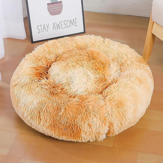 Calming Dog Bed for Small Dogs, Calming Donut Cuddler Pet Bed Anti Anxiety Round Dog Bed Fluffy Plush Faux Fur Cat Bed,Gradient Yellow,19.7IN