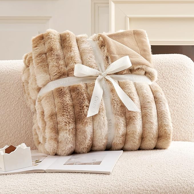 Cozy Bliss Faux Fur Throw Blanket for Couch, Cozy Warm Plush Striped Blanket for Sofa Bedroom Living Room, 108 * 90 Inches Tie-dye Khaki