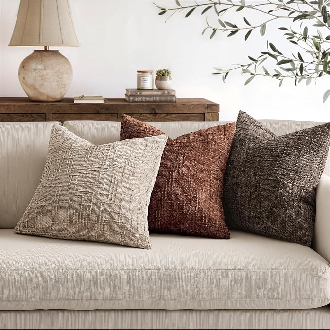 MIULEE Chenille Textured Throw Pillow Covers Oatmeal 18x18 Set of 2 | Slubby Decorative Pillows, Boho Farmhouse Home Decor, Modern Neutral Cushion Covers for Couch Sofa Bed Living Room