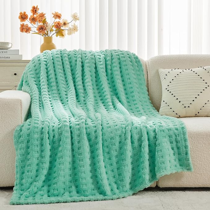 NEWCOSPLAY 3D Waffle Checkered Flannel Queen Blanket, Aqua, 90"x90" | Super Soft Cute Lightweight Decorative Premium Silky Fleece Blanket for Couch Sofa Bed, Gift for Women Men, All Season Use