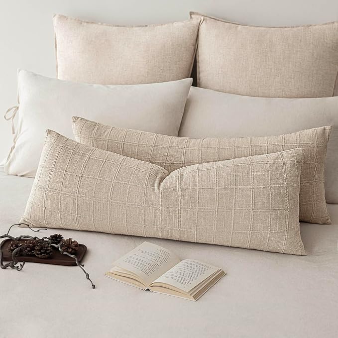 Foindtower Set of 2 Decorative Linen Check Throw Pillow Covers Neutral Long Body Lumbar Cushion Covers Farmhouse Vintage Home Decor for Sofa Chair Couch Bedroom Living Room,14×36 Inch,Natural Linen
